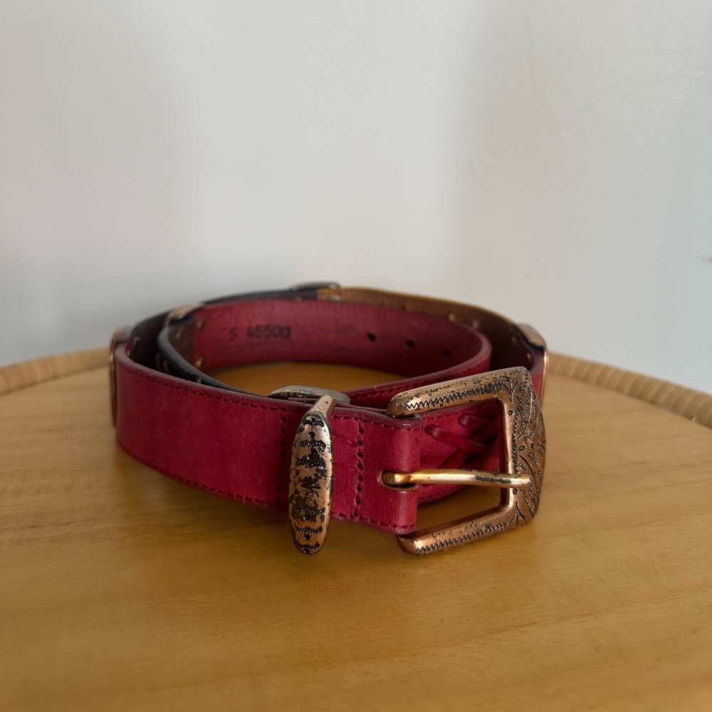 Vintage 1991‎ Brighton Tooled Leather Belt with Etched Brass Buckle – Size S